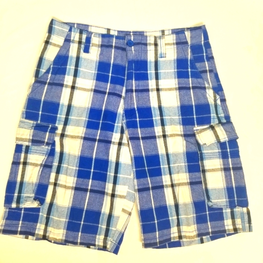 Monument Mens Size 32 Cargo Shorts Blue Plaid Front Zip
